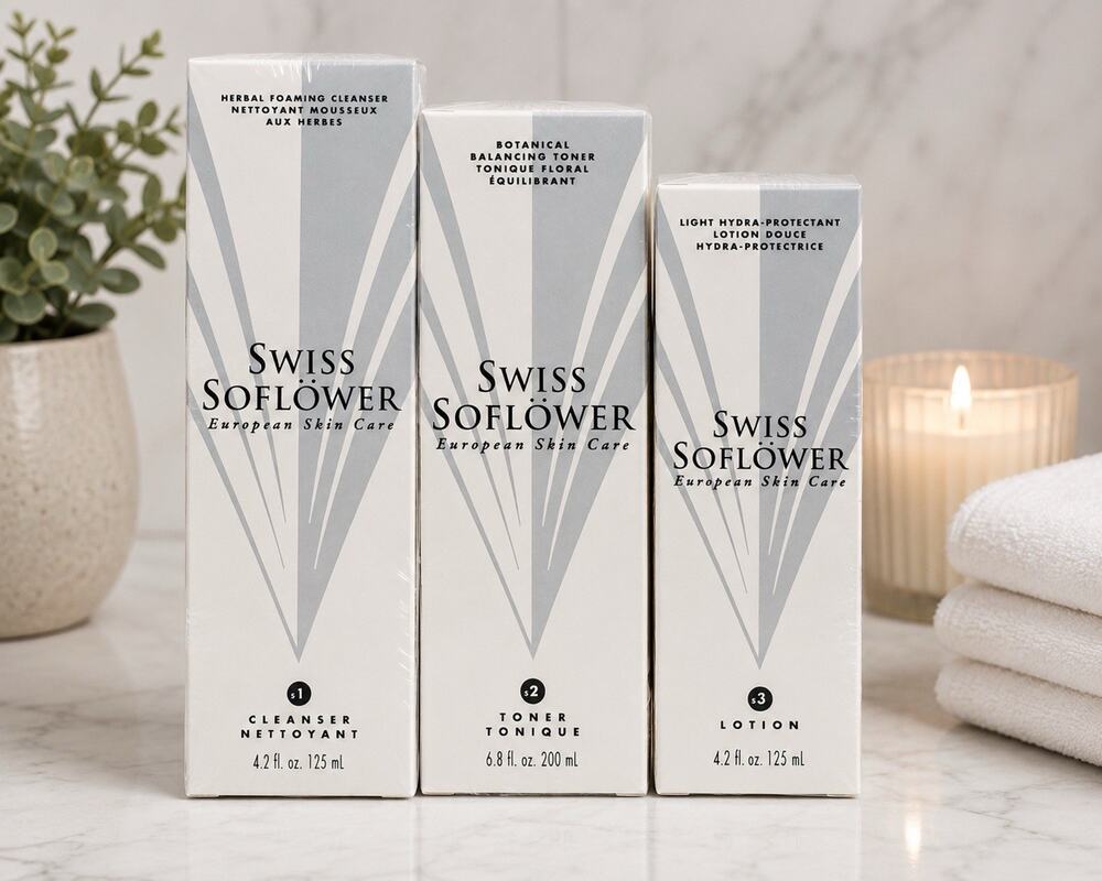 Swiss Soflower European Skin Care Cleanser Toner Lotion Set NIB Sealed